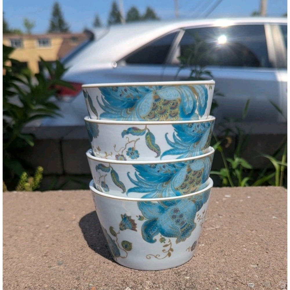 222 Fifth PTS International Eliza Teal Round Appetizer Bowls 4 1/2" Set of 4